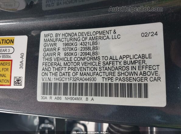 1HGCY1F32RA044930 2024 HONDA ACCORD Gray Widok komory silnika