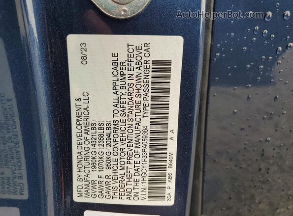 1HGCY1F33PA059384 2023 HONDA ACCORD Blue Vista de la etiqueta del VIN