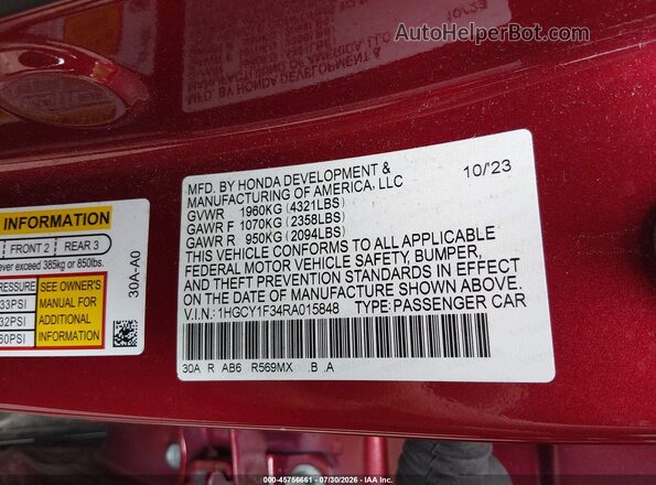 1HGCY1F34RA015848 2024 HONDA ACCORD Красный Вид подкапотного пространства