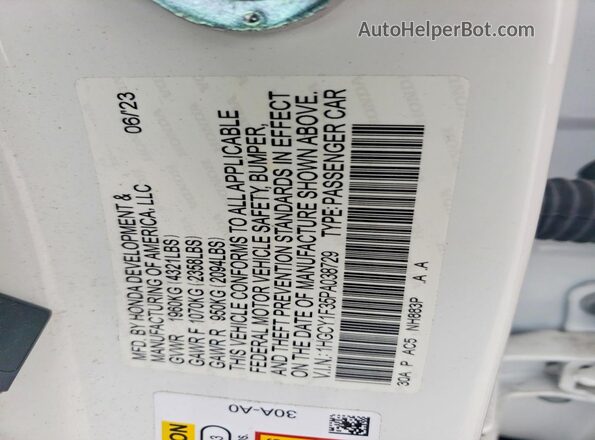1HGCY1F35PA038729 2023 HONDA ACCORD Белый Вид наклейки с VIN-кодом
