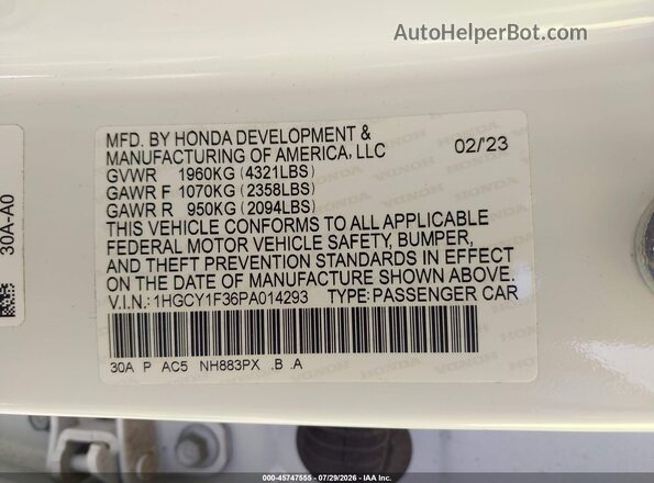 1HGCY1F36PA014293 2023 HONDA ACCORD White ძრავის განყოფილების ხედი