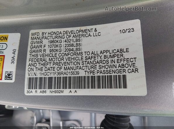 1HGCY1F36RA015639 2024 HONDA ACCORD Silver Vista del compartimento del motor
