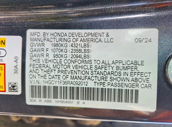 1HGCY1F36RA092012 2024 HONDA ACCORD Charcoal Widok komory silnika