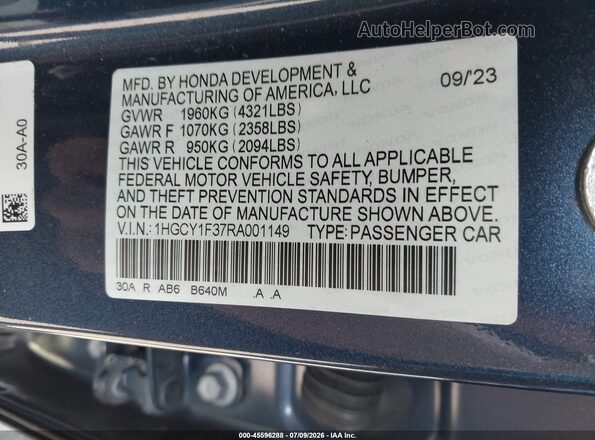 1HGCY1F37RA001149 2024 HONDA ACCORD Синий Вид подкапотного пространства
