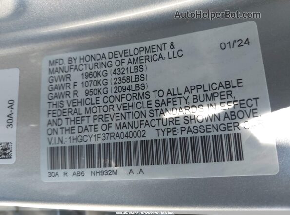 1HGCY1F37RA040002 2024 HONDA ACCORD Silver Вид підкапотного простору