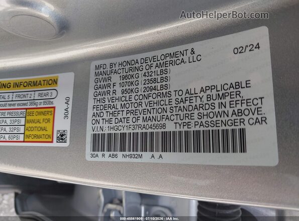 1HGCY1F37RA045698 2024 HONDA ACCORD Silver Widok komory silnika