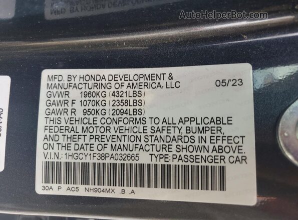 1HGCY1F38PA032665 2023 HONDA ACCORD Gray VIN կոդի պիտակի տեսք