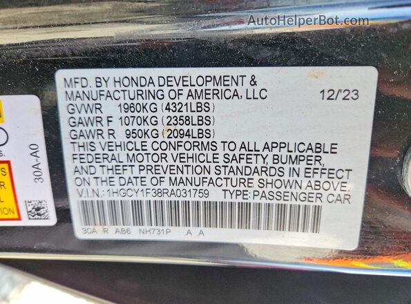 1HGCY1F38RA031759 2024 HONDA ACCORD Black Вид наклейки з VIN-кодом