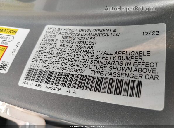1HGCY1F38RA034032 2024 HONDA ACCORD Gray Вид підкапотного простору