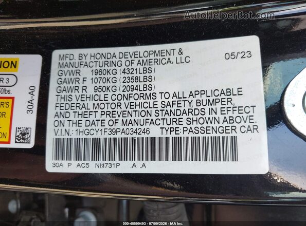 1HGCY1F39PA034246 2023 HONDA ACCORD Black Շարժիչի բաժամունքի տեսք