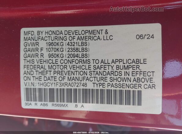 1HGCY1F3XRA072748 2024 HONDA ACCORD Красный Вид подкапотного пространства