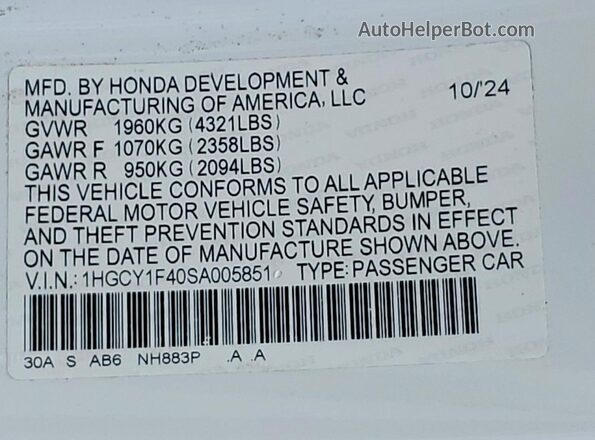 1HGCY1F40SA005851 2025 HONDA ACCORD White Widok naklejki z numerem VIN