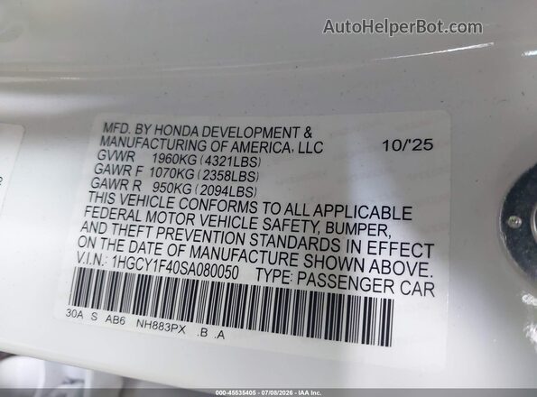 1HGCY1F40SA080050 2025 HONDA ACCORD White Vista del compartimento del motor