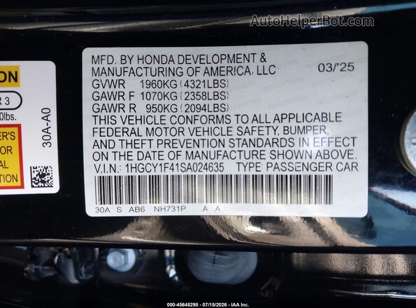 1HGCY1F41SA024635 2025 HONDA ACCORD Black Engine compartment view