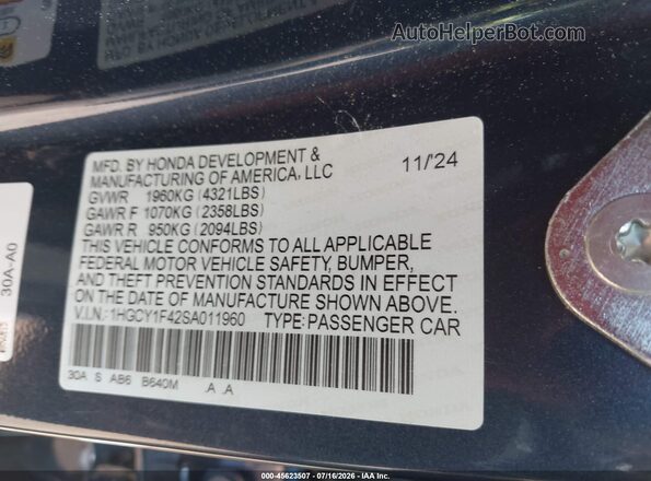 1HGCY1F42SA011960 2025 HONDA ACCORD Blue ძრავის განყოფილების ხედი
