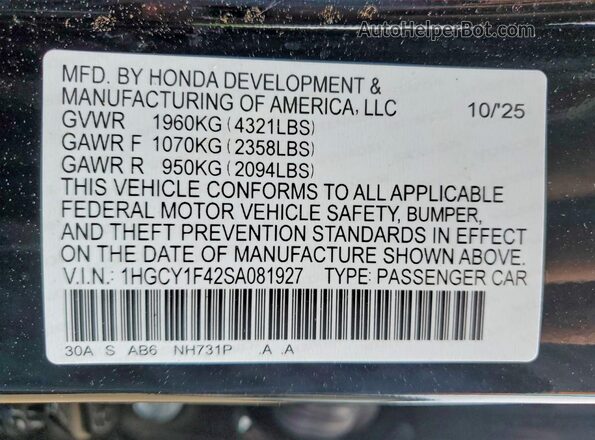 1HGCY1F42SA081927 2025 HONDA ACCORD Черный Вид подкапотного пространства