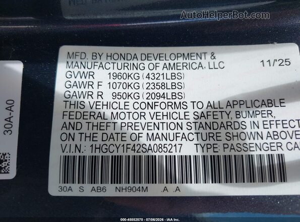 1HGCY1F42SA085217 2025 HONDA ACCORD Gray Widok komory silnika