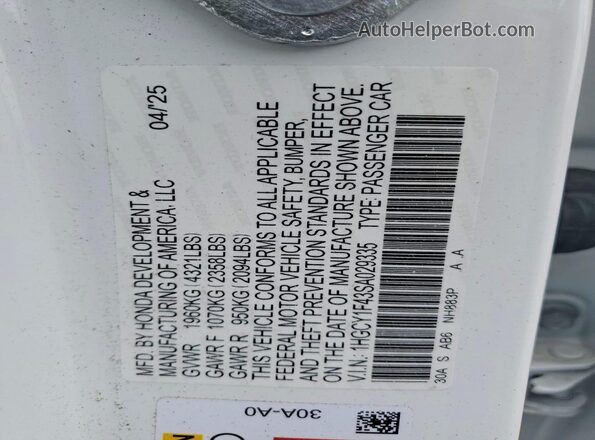 1HGCY1F43SA029335 2025 HONDA ACCORD White Widok naklejki z numerem VIN