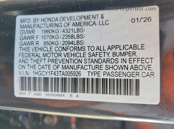 1HGCY1F43TA005926 2026 HONDA ACCORD Gray VIN կոդի պիտակի տեսք
