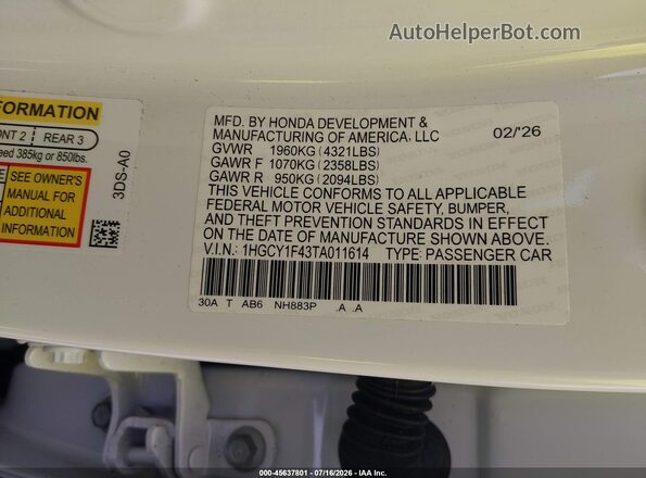 1HGCY1F43TA011614 2026 HONDA ACCORD Белый Вид подкапотного пространства