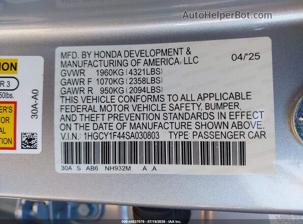 1HGCY1F44SA030803 2025 HONDA ACCORD Silver ძრავის განყოფილების ხედი