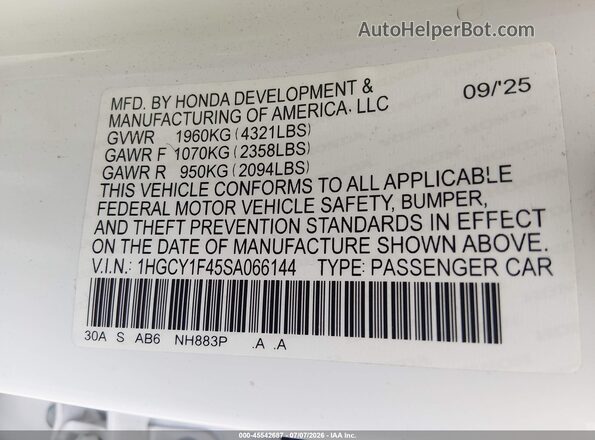 1HGCY1F45SA066144 2025 HONDA ACCORD White Widok komory silnika