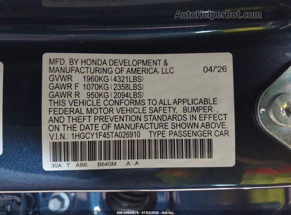 1HGCY1F45TA026910 2026 HONDA ACCORD Синий Вид подкапотного пространства