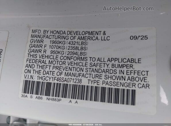 1HGCY1F46SA071238 2025 HONDA ACCORD White Vista del compartimento del motor