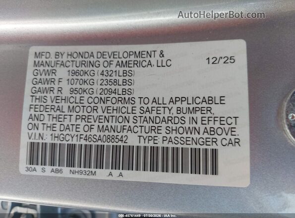 1HGCY1F46SA088542 2025 HONDA ACCORD Silver Engine compartment view