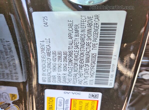 1HGCY1F47SA033825 2025 HONDA ACCORD Black VIN კოდის სტიკერის ხედი