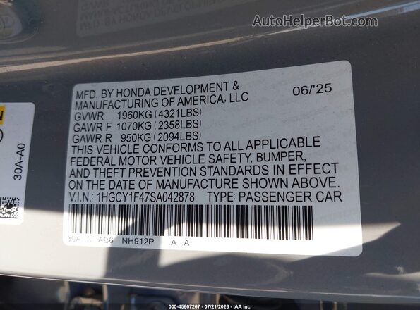 1HGCY1F47SA042878 2025 HONDA ACCORD Gray Widok komory silnika