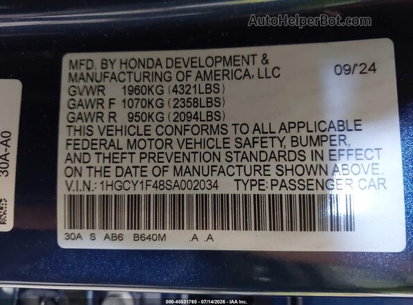 1HGCY1F48SA002034 2025 HONDA ACCORD Navy Շարժիչի բաժամունքի տեսք