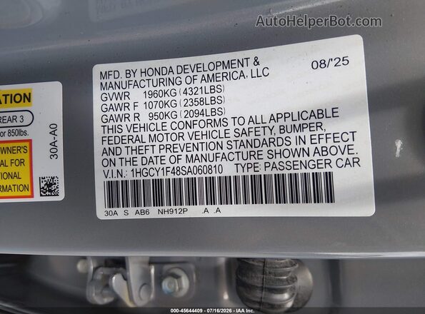 1HGCY1F48SA060810 2025 HONDA ACCORD Gray Вид підкапотного простору