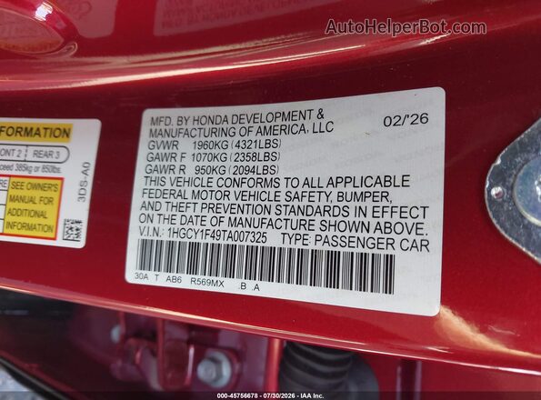 1HGCY1F49TA007325 2026 HONDA ACCORD Red Շարժիչի բաժամունքի տեսք