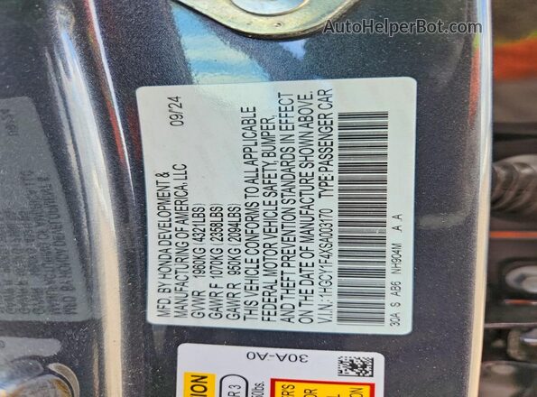 1HGCY1F4XSA003170 2025 HONDA ACCORD Gray Vista de la etiqueta del VIN