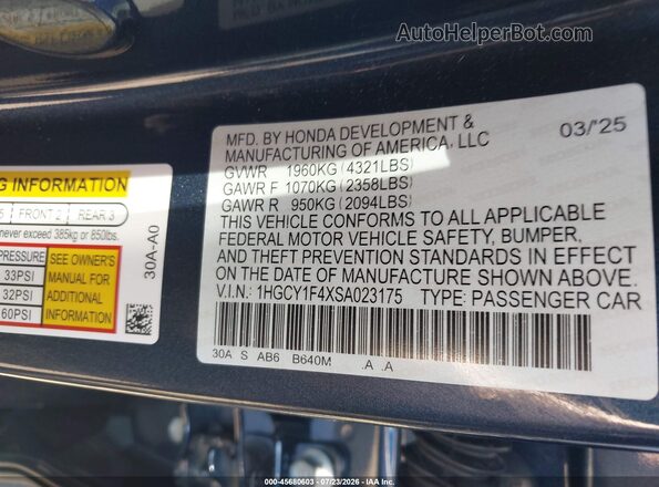 1HGCY1F4XSA023175 2025 HONDA ACCORD Blue Vista del compartimento del motor