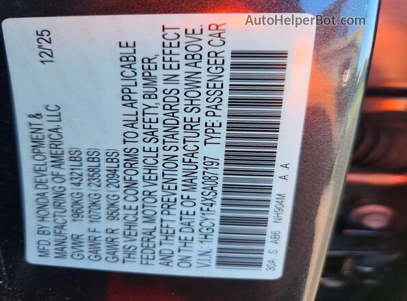 1HGCY1F4XSA087197 2025 HONDA ACCORD Gray Widok naklejki z numerem VIN