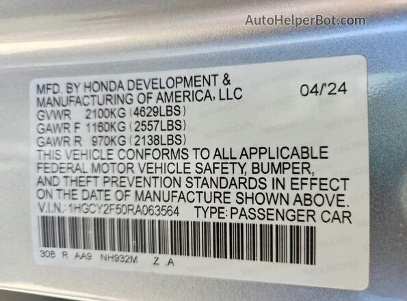 1HGCY2F50RA063564 2024 HONDA ACCORD Silver Widok naklejki z numerem VIN