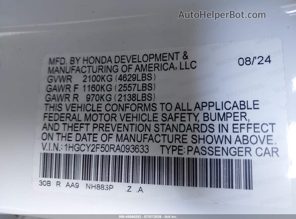 1HGCY2F50RA093633 2024 HONDA ACCORD White ძრავის განყოფილების ხედი