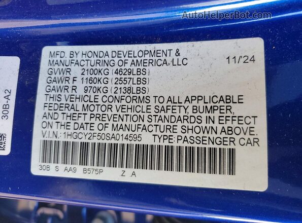 1HGCY2F50SA014595 2025 HONDA ACCORD Blue Widok komory silnika