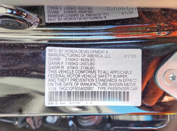 1HGCY2F50SA025807 2025 HONDA ACCORD Black Vista de la etiqueta del VIN