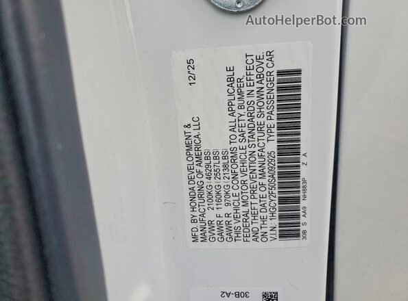 1HGCY2F50SA092925 2025 HONDA ACCORD White VIN კოდის სტიკერის ხედი
