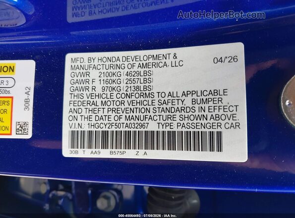 1HGCY2F50TA032967 2026 HONDA ACCORD Blue Widok komory silnika