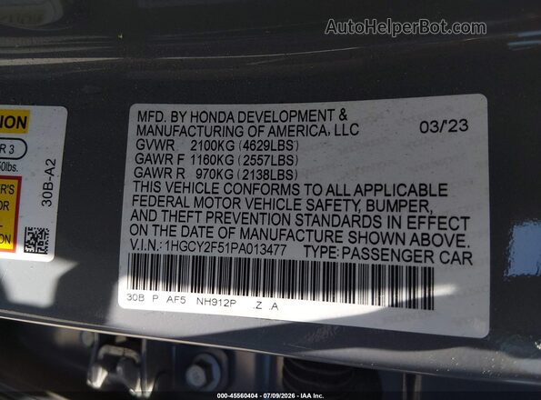 1HGCY2F51PA013477 2023 HONDA ACCORD Gray Engine compartment view