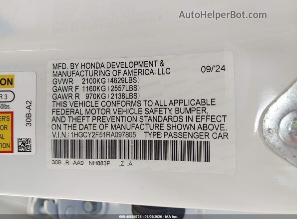 1HGCY2F51RA097805 2024 HONDA ACCORD Белый Вид подкапотного пространства