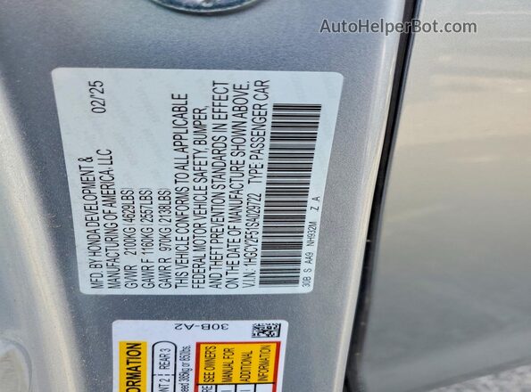 1HGCY2F51SA029722 2025 HONDA ACCORD Charcoal VIN კოდის სტიკერის ხედი