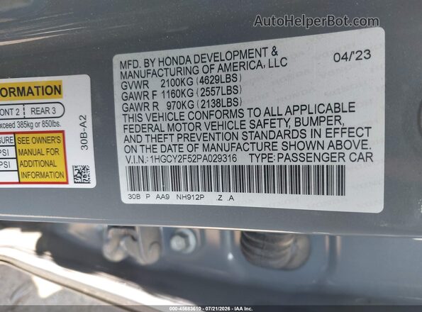 1HGCY2F52PA029316 2023 HONDA ACCORD Gray Engine compartment view