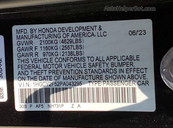 1HGCY2F52PA043295 2023 HONDA ACCORD Черный Вид наклейки с VIN-кодом