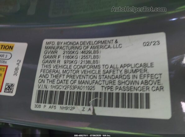 1HGCY2F53PA011925 2023 HONDA ACCORD Gray Вид підкапотного простору