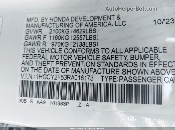 1HGCY2F53RA016173 2024 HONDA ACCORD White Շարժիչի բաժամունքի տեսք
